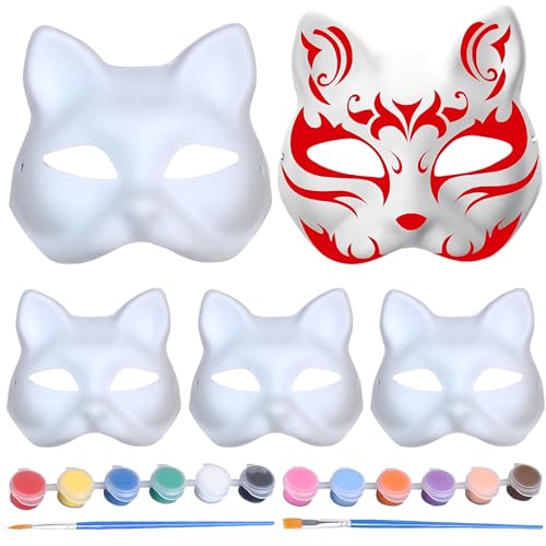 Tadpolez 5 Stück Weiße Katzenmasken, DIY Katzenmaske,Handgemalte Cat Maske,Tiermasken Zum Selbermachen,Für Maskerade,Halloween,Cosplay,Gastgeschenke(Pinsel*2 +12 Farben Farbe*1)(Weiß) von Tadpolez