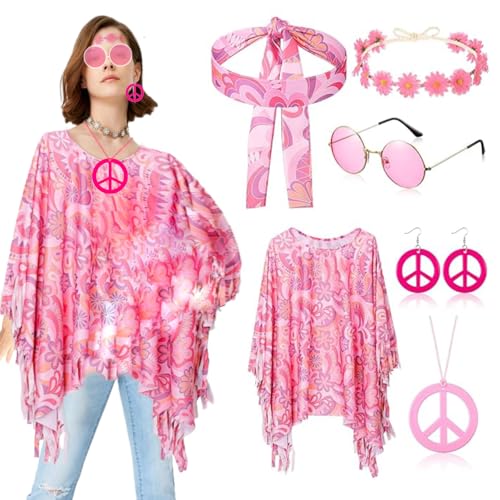 Tadpolez Hippie Kostüm Damen Set,Karneval Kostüm Damen Hippie,Hippie Kleidung Poncho,Hippie Mottoparty Kostüm,Hippie Poncho Outfit,60er 70er Hippie Kostüm Set,für Karneval Disco Party Cosplay von Tadpolez