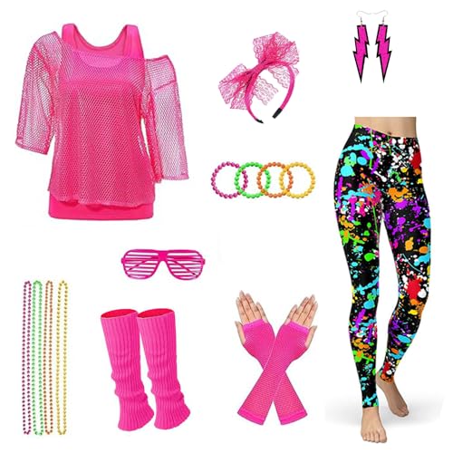 Taechalingo 80er 90er Jahre Outfit Damen,80er 90er Jahre Outfit Damen Zubehör Set Netzshirt,Kostüm 80er Jahre Damen Workout,80er Jahre Kleidung,80er Jahre Outfit Damen Accessoires(M) von Taechalingo