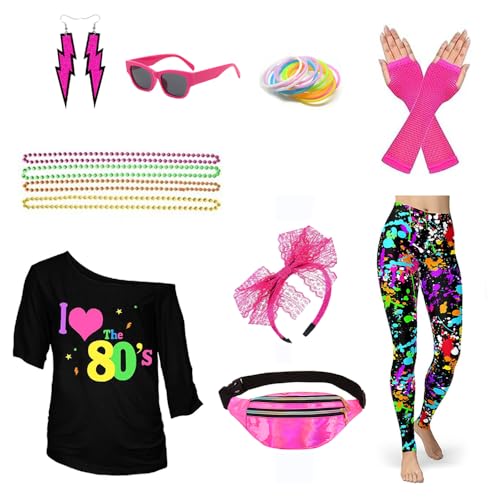 80er Jahre Neon Kleidung Damen Set,80er Jahre Kostüm Zubehör Set,mit T-shirt Hippie Hosen Bauchtasche Stirnband Sonnenbrillen Ohrringe Armschoner Halsketten Armbänder,für Karneval Mottoparty von Taechalingo