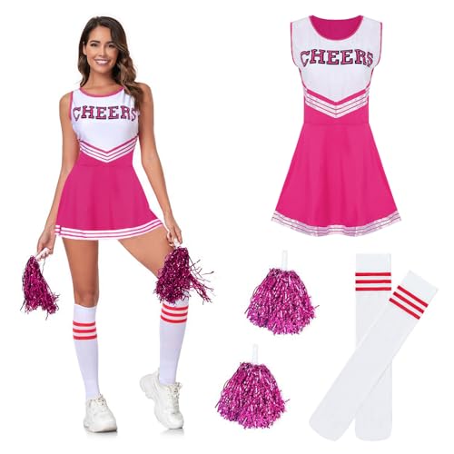 Taechalingo Cheerleader Kostüm Damen,Cheer Outfit,Cheerleading Outfit,High School Musical Cheerleader Kostüm,Cheerleader Kleid(Rosenrot, L) von Taechalingo