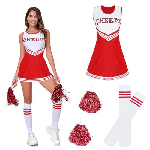 Taechalingo Cheerleader Kostüm Damen,Cheer Outfit,Cheerleading Outfit,High School Musical Cheerleader Kostüm,Cheerleader Kleid(rot, L) von Taechalingo