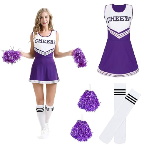 Taechalingo Cheerleader Kostüm Damen,Cheer Outfit,Cheerleading Outfit,High School Musical Cheerleader Kostüm,Cheerleader Kleid(lila, L) von Taechalingo