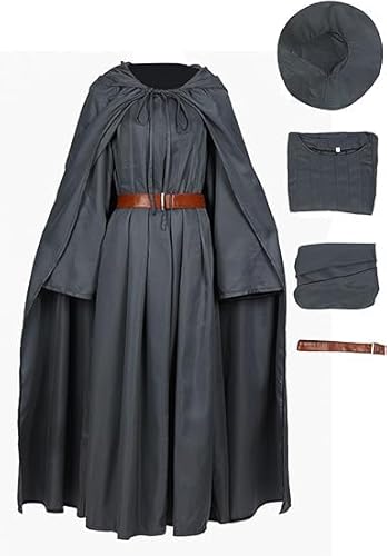 Taeyue Erwachsene Grau Zauberer Robe Futter Set Mittelalter Ritter Cosplay Kostüm Kapuze Umhang Gürtel Halloween Karneval Party Outfit, M von Taeyue