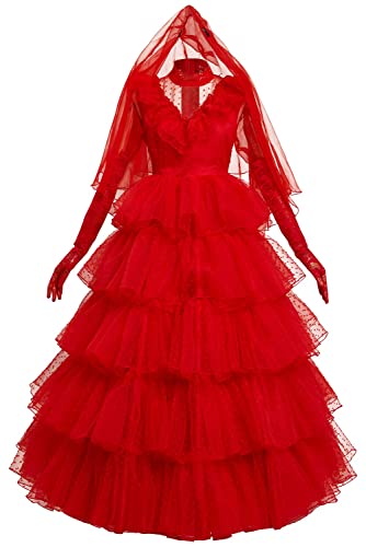 Taeyue Lydia Deetz Kostüm Damen Beetle Lydia Cosplay Rotes Brautkleid Abendkleid Halloween Karneval Outfits Set Erwachsene, L von Taeyue