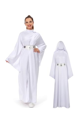 Taeyue Prinzessin Leia Cosplay Kostüm Leia Kleid Damen Kapuze Kleider Gürtel Outfit Halloween Anzug für Erwachsene, L von Taeyue