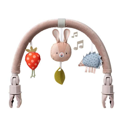 Taf Toys Musical Bunny Kinderwagen-Bogen Aktivitäts-Reisebogen mit 3 sensorischen Hängespielzeugen Spielzeugstange passt Kinderwagen Autositze Große verstellbare Clips Faltbar Geeignet für Neugeborene von Taf Toys