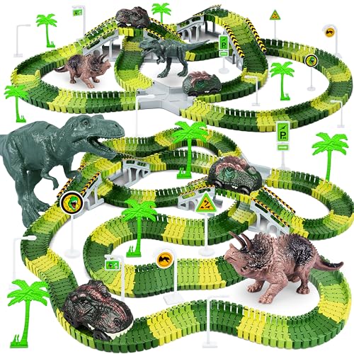 Dinosaurier-Spielzeug, 252 Teile, zum Erstellen Einer Dinosaurierwelt, Straßenrennstrecken, Flexibles Streckenspielset, 2 Dinosaurierautos für 3 4 5 6 Jahre alte Jungen und Mädchen von Tailmei