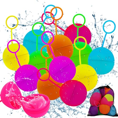 12 Stücke Wiederverwendbare Wasserbomben, Wasserbomben Selbstschließend, mit 1 Mesh Bag, Silikon Wasserbomben mit Griff, Wasserballons, Geeignet für Kinder, Erwachsene, Strand, Poolparty, Wasserpark von TaimeiMao