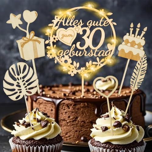 8 Stück Holz Happy Birthday Tortendeko Mit Led Lichterkette 30 Jahre Kuchendeko Geburtstag Happy Birthday Cake Topper Kuchendekoration Für Frauen Mann 30. Geburtstag Dekoration von TaimeiMao