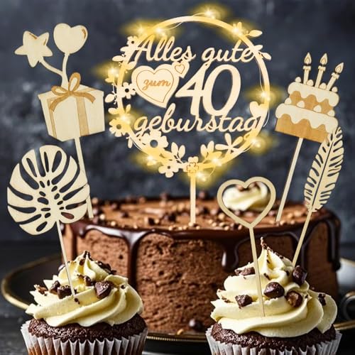 8 Stück Holz Happy Birthday Tortendeko Mit Led Lichterkette 40 Jahre Kuchendeko Geburtstag Happy Birthday Cake Topper Kuchendekoration Für Frauen Mann 40. Geburtstag Dekoration von TaimeiMao