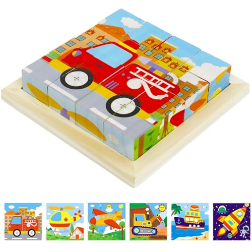 Bilderwürfel Holz,6 in 1 Kinderspielzeug Holzpuzzle Montessori Spielzeug 3D Würfelpuzzle Puzzlespiele für Kinder,Pädagogisches Lernspielzeug Geschenk für Jungen und Mädchen, Verkehr von TaimeiMao