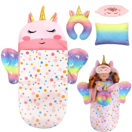 TaimeiMao Einhorn Puppenschlafsack Set Mit Augenmaske & U-Förmiges Kissen & Quadratisches Kissen Puppenzubehör Für 25-38cm Puppen Geburtstagsgeschenk Für Mädchen von TaimeiMao