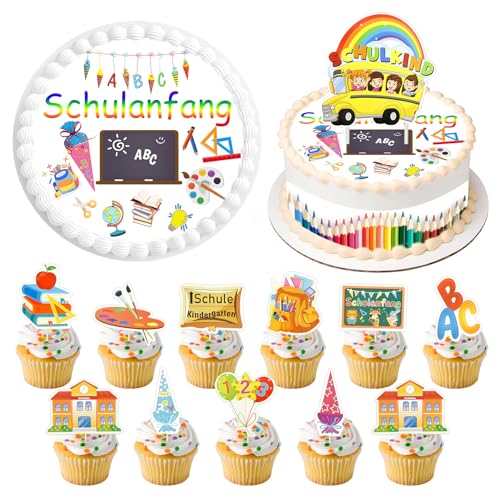 Tortendeko Einschulung,16 Stück Schulanfang Tortendeko,Essbar Tortenaufleger Tortenbild,Tortenband Buntstifte,Schulanfang Cupcake Topper Dekorationen,Schulanfang Party Deko für Junge und Mädchen von TaimeiMao