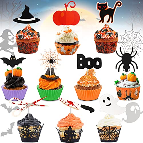 Halloween Cupcake Toppers 40 Stück, Muffin Deko, Halloween Kuchendekoration Muster+ Kunststoffstange+Klebepunkt, Kürbis kuchendeko, für Halloween Cupcake Dekorationen von TaimeiMao