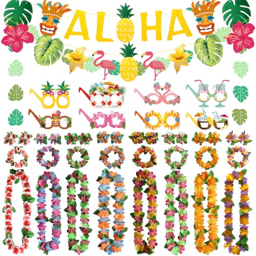 Hawaii Party Dekorationen, 8 Halsketten-Blumen Armband Stirnband, 3 Hawaii Aloha Party Banner, und 8 Stile Hawaii Party Brillen Maske, Lustige Aloha Hawaii Foto Requisiten Sommer Strand Pool Party von TaimeiMao