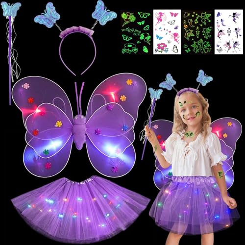 Leuchtend Feen Schmetterling Kostüm Mädchen,Schmetterling Elfenkostüm Kinder,mit LED Feenflügel Tüllrock Zauberstab Haarband Tattoos,Feen-Set für Mädchen Karneval Fasching Geburtstag Halloween Party von TaimeiMao