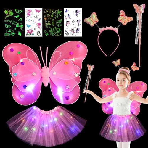 Leuchtend Feen Schmetterling Kostüm Mädchen,Schmetterling Elfenkostüm Kinder,mit LED Feenflügel Tüllrock Zauberstab Haarband Tattoos,Feen-Set für Mädchen Karneval Fasching Geburtstag Halloween Party von TaimeiMao