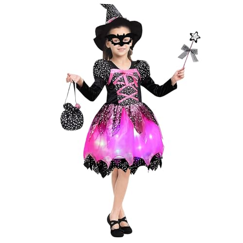 5 Stücke Halloween Kostüm Kinder Set Mit Lichter Mädchen Hexenkostüm Violett+ Hexenhut + Maske+Zuckerbeutel + Zauberstab Leuchtende Faschingskostüme Für Halloween Karneval Cosplay von TaimeiMao