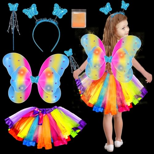 TaimeiMao 5er Set Schmetterling Kostüm Kinder, mit Leuchtend Feenflügel Kinder,Tutu Rock,Haarreif,Zauberstab und Phosphor,Verkleidung Kinder,für Karneval Fasching Cosplay,Fee Flgel Kostm (Blau) von TaimeiMao