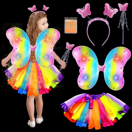 TaimeiMao 5er Set Schmetterling Kostüm Kinder, mit Leuchtend Feenflügel Kinder,Tutu Rock,Haarreif,Zauberstab und Phosphor,Verkleidung Kinder,für Karneval Fasching Cosplay,Fee Flgel Kostm (Rosa) von TaimeiMao