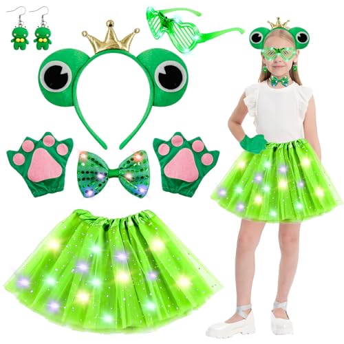 TaimeiMao Karneval Kostüm Kinder Set,Frosch kostüm kinder,Frosch Haarreif,Frosch Ohrringe,Herzbrille Herz,Fliege,Handschuhe, Damen Chiffon kurzen Rock,für Mädchen Karnevals Kostüm von TaimeiMao