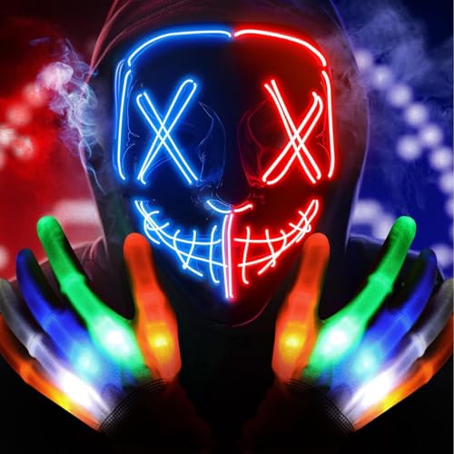 TaimeiMao Horror Halloween Maske LED,Halloween Kostüm Maske mit 6 Modi LED Glühhandschuhe,The Purge Maske Horror LED Scream Maske Ghostface Halloween Maske Für Kinde,Erwachsener,Jugendliche von TaimeiMao