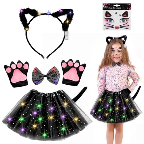 Katzenkostüm Kinder, Katzenkostüm Mädchen Karneval mit LED Beleuchten Tutu Rock Katzenohren Haarband Fliege,Katzenschwanz,Handschuhe,Gesichtsaufkleber,Cat Noir Kostüm für Kinder Fasching Cosplay von TaimeiMao