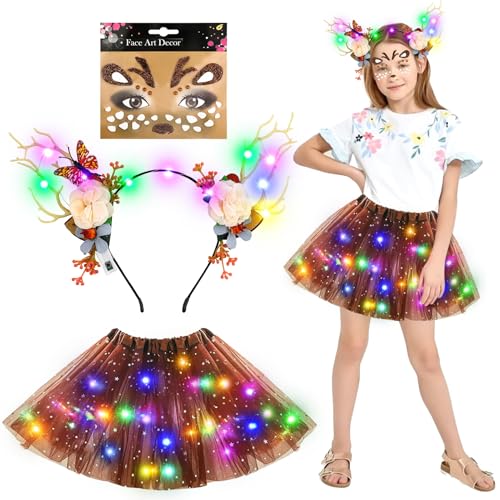 TaimeiMao Kostüm Rentier Kinder, Leuchtendes Reh-Kostüm für Mädchen mit LED Tutu Rock, Rentier Haarreif und Gesicht Tattoos für Karneval, Fasching, Cosplay von TaimeiMao