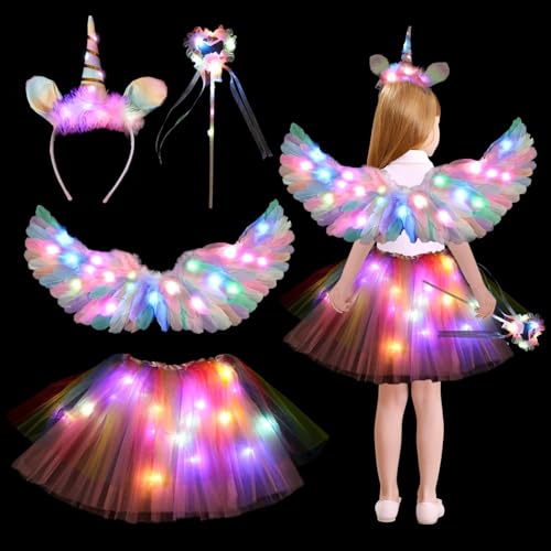 4 Stück Leuchtend Einhorn Kostüm Kinder Einhorn Prinzessin Kostüm Mädchen,mit 60cm Engelsflügel Feder Heiligenschein Einhorn Haarreif Zauberstab LED Tutu Tüllrock,Halloween faschingskostüme kinder von TaimeiMao