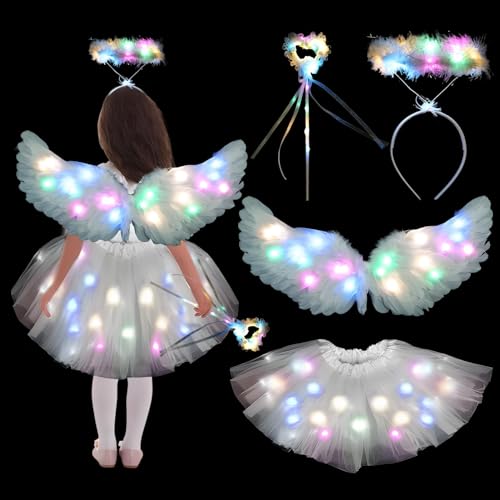 Engelsflügel Weiß,Leuchtend Engel Flügel Kostüm Kinder mit 60cm Weiß Engelsflügel Federflügel Heiligenschein Haarreif Zauberstab LED Tutu Tüllrock,für Mädchen Halloween Karneval Fasching Cosplay Party von TaimeiMao