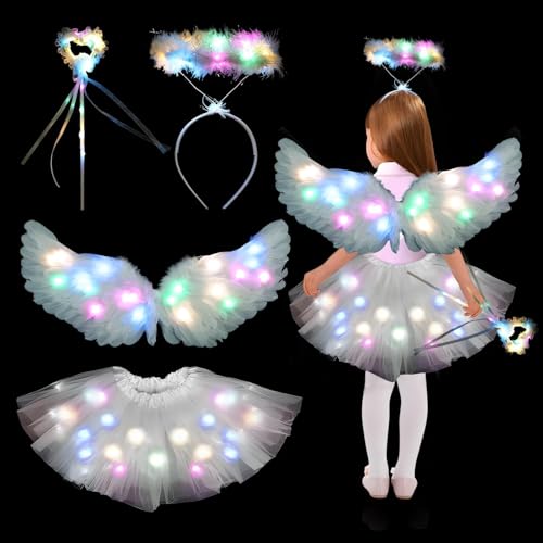 TaimeiMao Leuchtend Engel Kostüm Mädchen,mit 60cm Weiß Engelsflügel Federflügel Heiligenschein Engel Haarreif Zauberstab LED Tutu Tüllrock,für Halloween Karneval Cosplay Party Fasching Kostüm F55 von TaimeiMao