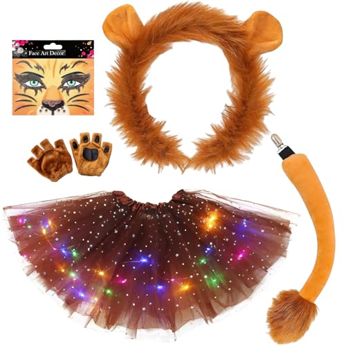 TaimeiMao 5-teiliges Löwen Kostüm für Kinder Tierkostüm Set Zubehör mit Stirnband, Gesichtssticker, Handschuhen, Schwanz & LED-Rock für Karneval, Halloween, Mottopartys und Geschenk TaimeiMao 5-teiliges Löwen Kostüm für Kinder Tierkostüm Set Zubehör mit Stirnband, Gesichtssticker, Handschuhen, Schwanz & LED-Rock für Karneval, Halloween, Mottopartys und Geschenk von TaimeiMao