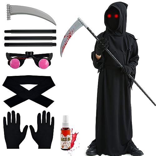 TaimeiMao Sensenmann Kostüm Kinder,Halloween Kostüm mit leuchtenden Brille,Handschuhen,Kunstblut,Sensen,Reaper Kostüm,Kapuze für Cosplay,Halloween Dekoration,Karneval,Kinder ab 8-10 Jahren(M Größe) von TaimeiMao