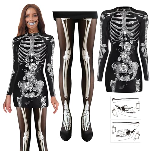 TaimeiMao Halloween Kostüm Damen mit 1 Paar Netz Strumpfhose Totenkopf Schwarz, 2 x Halloween Tattoos Totenkopf Skull zum Aufkleben, Halloween Kostüm Accessoires, Tag der Toten, Karneval, Cosplay -XL von TaimeiMao