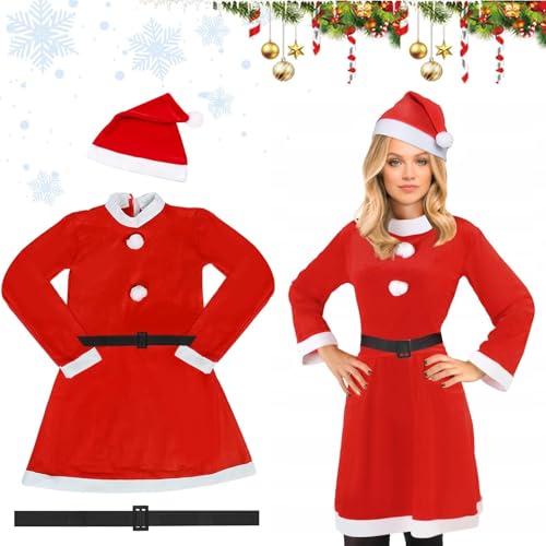 Weihnachtsmann kostüm,3 Pcs weihnachtskostüm damen,Weihnachtsmannkostüm für Erwachsene mit Rock,Hut,Gürtel,Womens Weihnachtsmann,für Weihnachten,Cosplay,Karneval (weiblich) von TaimeiMao