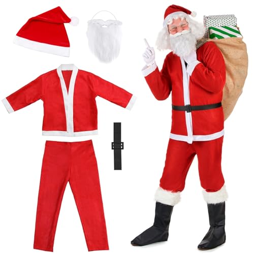 Weihnachtsmann kostüm,5 Pcs Weihnachtsmann kostüm herren,Weihnachtsmannkostüm für Erwachsene mit Kleidung,Hose,Gürtel,Hut,Bart,Kostüm Weihnachtsmann für Weihnachten,Cosplay,Karneval (männlich) von TaimeiMao