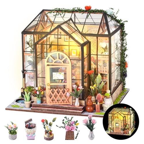 Taimimy DIY Miniatur Haus Puppenhaus Gewächshaus mit Licht und Möbeln, Mini DIY Miniature House kit für Erwachsene Geburtstagsgeschenk für Frauen und Mädchen (Gartengewächshaus) von Taimimy