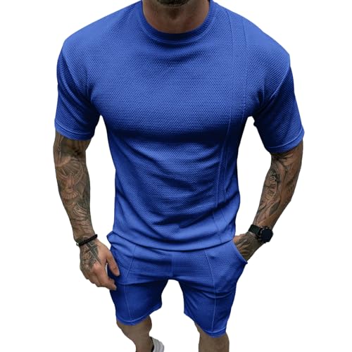 Tainrunse Herren-T-Shirt-Set, 2-teilig, Sommer-Outfit, O-Ausschnitt, Hemd, Tops, Königsblau, Größe M von Tainrunse