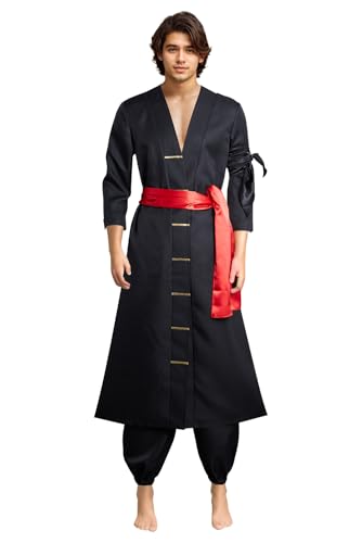 One Piece Roronoa Zoro Cosplay Kostüm Kimono Robe Umhang Umhang Wano Country Schwarz Outfits Halloween Anzug für Herren Damen (Medium, Schwarz) von Taiture