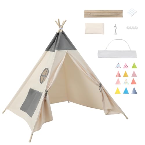 Takezuaa Kinder Tipi Zelt,Tipi Zelt für Kinder Spielzelt Tippi Kinderzelt mit Tragetasche,Tipi Zelt Kinderzimmer,Mehrzweckzelte für den Innen und Außenbereich für 3~5 Jahre(Beige Grau) von Takezuaa