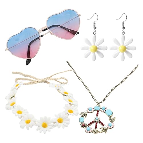 Takluu Hippie-Accessoires,Hippie-Accessoires für Damen der 70er Jahre - 4x/Set Gänseblümchen-Stirnband | 70er-Jahre-Partygeschenke, Dekorationen, Hippie-Sonnenbrillen-Kostümzubehör für Frauen, von Takluu