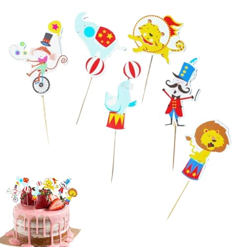 Zirkus-Cupcake-Dekorationen – Zirkus-Themen-Cupcake-topperr | 24X Cupcake-Picks | Cartoon-Tiger-Delphin-Kuchendekoration | Cupcake-Pick für Kinder und Erwachsene von Takluu