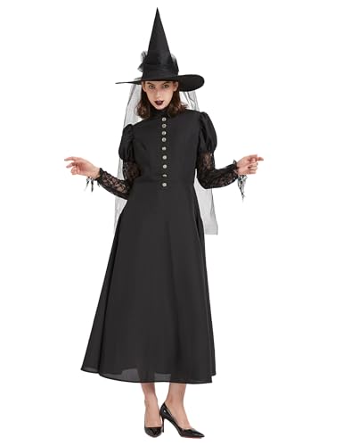 Takuvan Hexenkostüm für Damen, Erwachsenen-Outfit, Übergröße, böses Halloween, schwarzes Kleid, böser Zauberer, Gothic, Cosplay von Takuvan