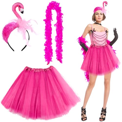 Flamingo Kostüm Damen, Flamingo Haarreif, Pinker Tüllrock Damen, Federboa Rosa, Tierkostüm Damen für Fasching Karneval Mottoparty Kostüm Accessoires von TaleMoon