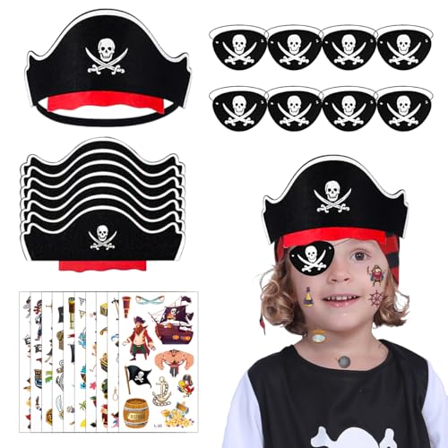 Piraten Kindergeburtstag, 8pcs Piratenhut Kinder+8pcs Augenklappe Pirat+10pcs Piraten Sticker, Piraten Kindergeburtstag Mitgebsel für Mädchen Jungen,Accessoires für Halloween Adventskalender Deko von TaleMoon