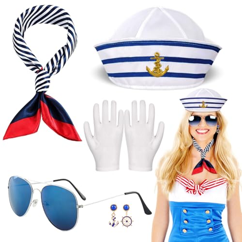 TaleMoon Matrosen Kostüm Damen, 5 Stück Matrosenmütze, Matrosen Halstuch und Sonnenbrille, Fasching Matrose Verkleidungsparty für Matrosen Kostüm Damen Zubehör von TaleMoon