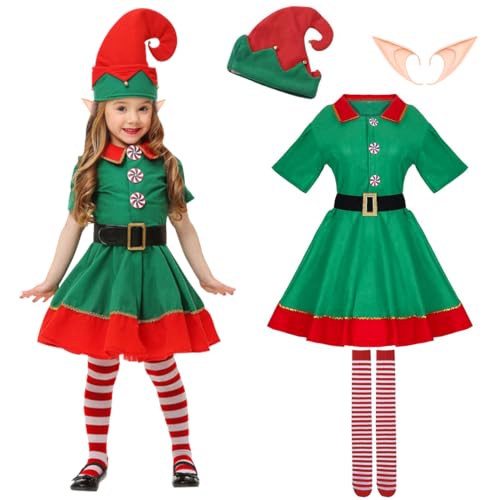 Weihnachtself, Elfen Kostüm Kinder, Weihnachtskostüm Mädchen Damen, Elfenohren Elfenmütze Nikolaus Kleid Weihnachtselfen Kostüm Damen Fasching, Karneval & Cosplay Geschenke für Halloween Kostüme(130) von TaleMoon