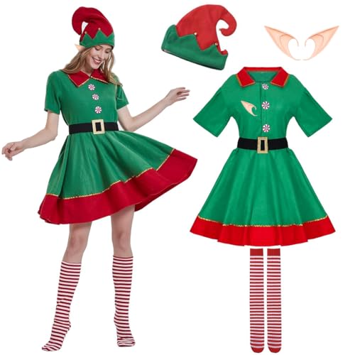 Weihnachtself, Elfen Kostüm Kinder, Weihnachtskostüm Mädchen Damen, Elfenohren Elfenmütze Nikolaus Kleid Weihnachtselfen Kostüm Damen Fasching, Karneval & Cosplay Geschenke für Halloween Kostüme(160) von TaleMoon