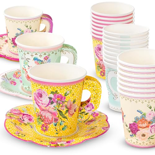 Talking Tables Ensemble de 24 tasses et soucoupes florales vintage | Vaisselle jetable, pour fête d'anniversaire, fête de naissance, mariage, Rosa von Talking Tables